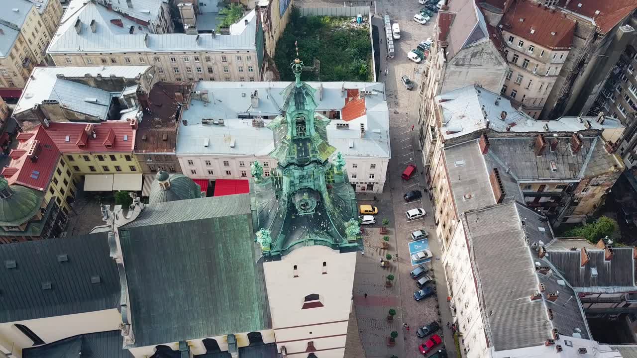 Aerial view of central streets in Lviv, Ukraine. Panorama of the ancient city with the roofs of old historical buildings.