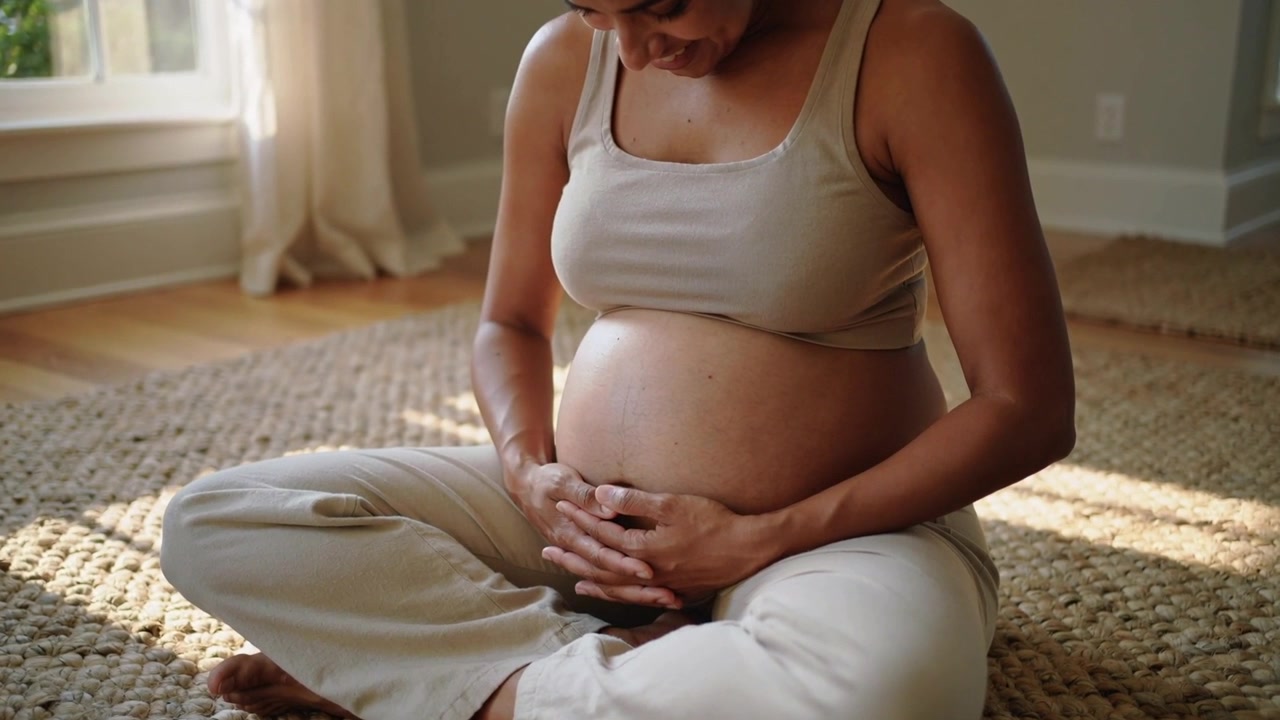 Eine schwangere Frau im Tanktop sitzt zu Hause am Fenster, blickt nach unten und hält ihren Bauch, um eine Bindung zum Baby aufzubauen.