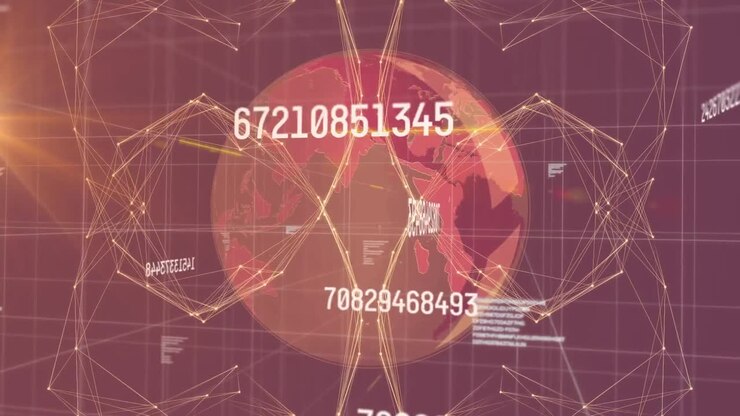 Animation of changing numbers over connected dots forming globes against grid pattern