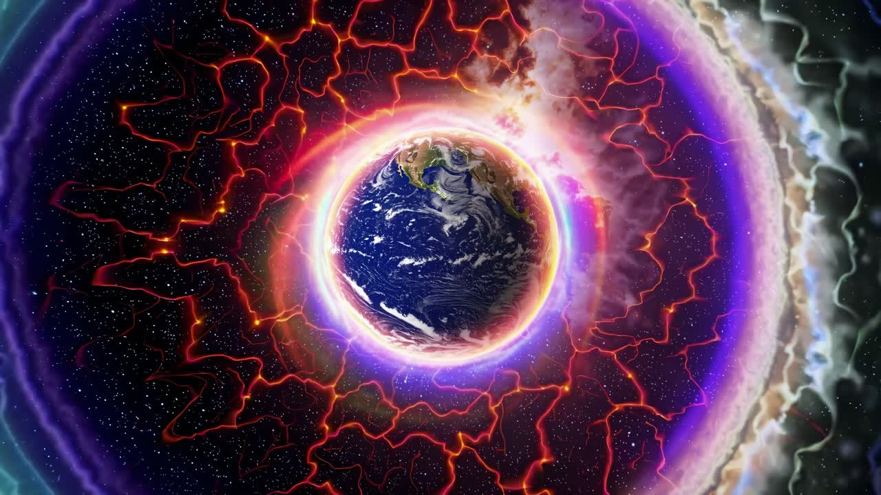 Planet Earth rotating in space, surrounded by a bright aura of rainbow colors and a network of electric cracks, creating a mesmerizing visual effect