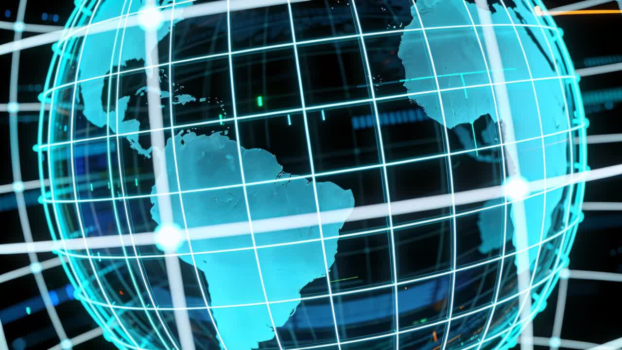 Vertical video: Rotating cyan 3D globe revealing South America in studio, with pulsing grid nodes