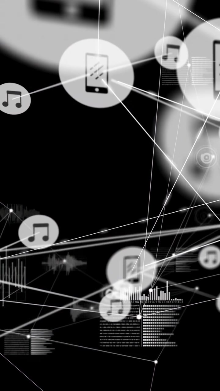 Video verticale: Icone di telefono e musica che si muovono verso l'interno, rete che forma una griglia, aggiornando quadranti per dati IT.