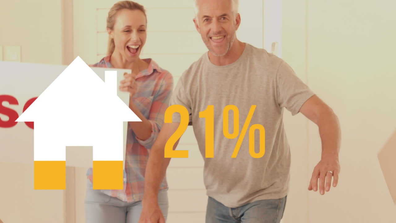 animación del porcentaje y el icono de la casa llenándose de amarillo sobre la pareja con el signo vendido en el nuevo hogar