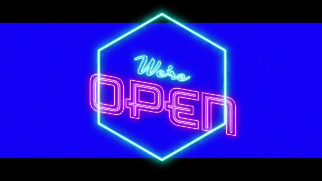 On power-up neon cyan hexagon pulsing sky-blue We're with pink OPEN glows showing shop open