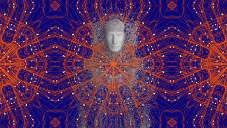 Animation-of-human-body-formed-with-exploding-particles-over-orange-kaleidoscope-pattern-background