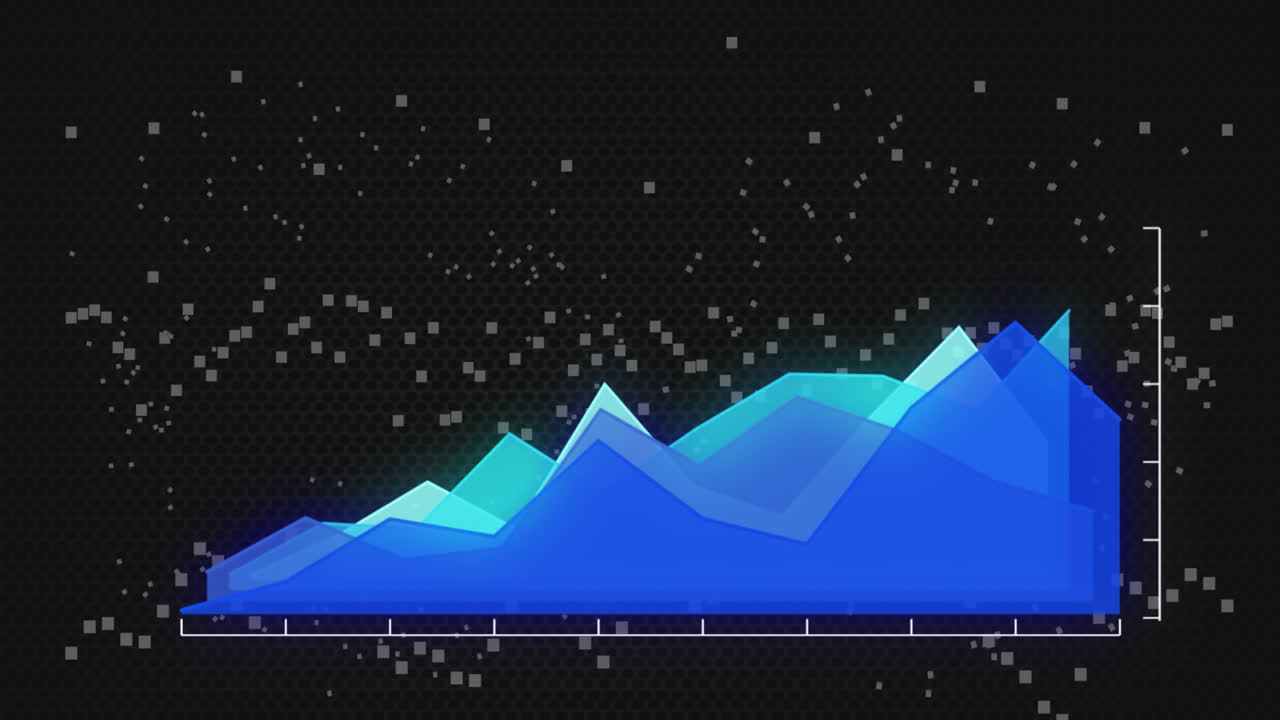 검은 바탕에 회전하는 색 입자에 대한 통계 데이터 처리의 애니메이션
