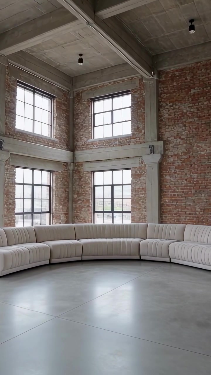 Vertical video: Recording camera panning right up across loft revealing curved sofa for showroom