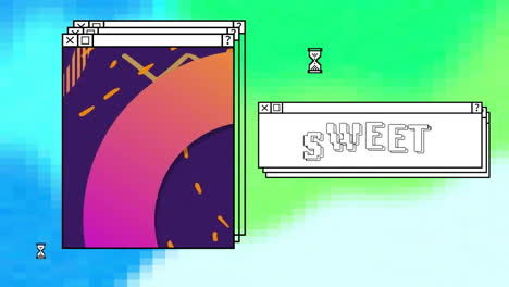 animación de texto dulce y pantallas de computadora sobre fondo de patrón de neón