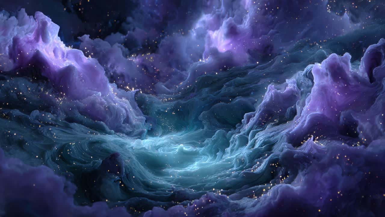 Una scena cosmica onirica: eterei vortici di nebulose viola e blu creano un’atmosfera mistica, piena di stelle luminose e meraviglie celestiali