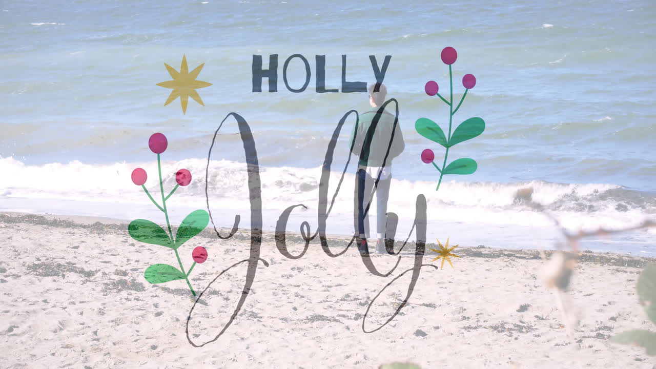 Animation of festive decorations with Holly Jolly text over person walking on beach