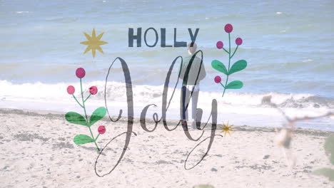 animation of festive decorations with holly jolly text over person walking on beach