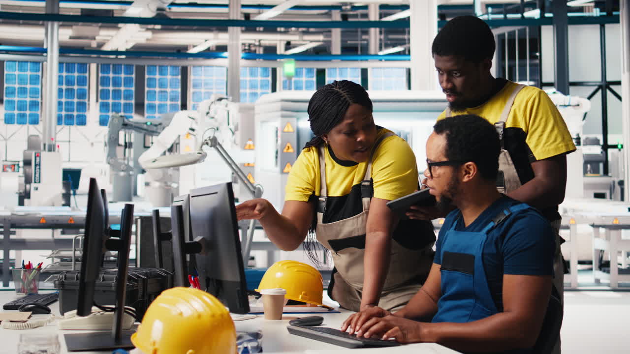 Vertical Video Photovoltaics facility employees evaluating performance of robot arms