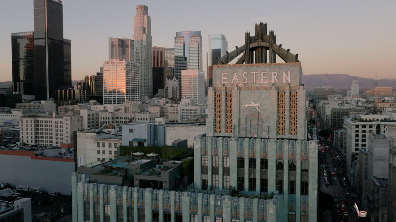 Aerial View of the Eastern Columbia Building in Downtown Los Angeles at Sunset