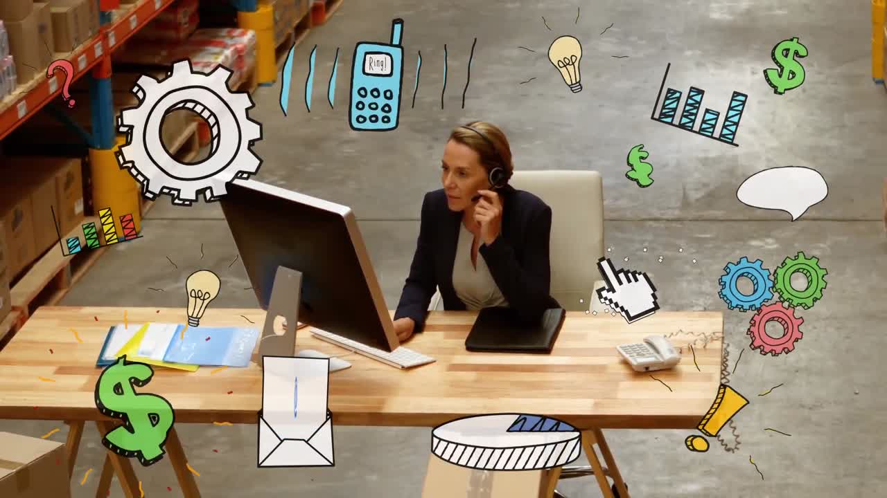Animation af kaukasisk kvinde på et lager ved et skrivebord over flere ikoner