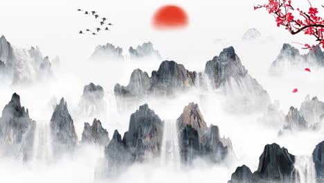 Retro-Chinese-style-ink-landscape-waterfall-plum-blossom-animation-special-effects-material-Oriental-Digital-Art-animation,-Chinese-retro-painting-misty-mountain-with-flowers,-tree,-birds,-river,-fog