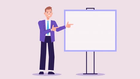 businessman character stands at empty flip chart board for presentation and points at it. copy space for text. 2d modern cartoon style animation. template for explainer video, ads or banner