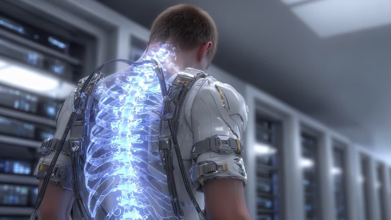 Futuristisk medicinsk teknologi: Et nærbillede af en cyborgs lysende rygsøjle, der fremviser banebrydende bioteknologi i et avanceret laboratoriemiljø.
