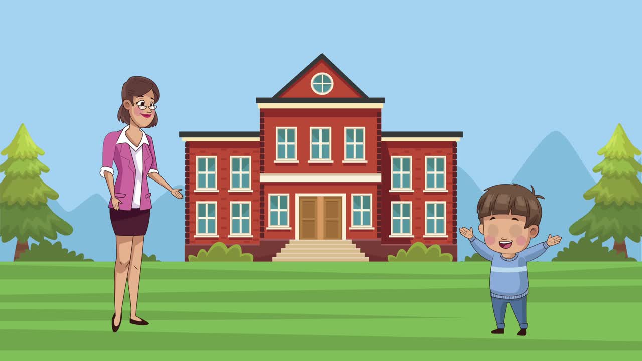 학교 장면에서 학교 소년과 함께 귀여운 여성 교사