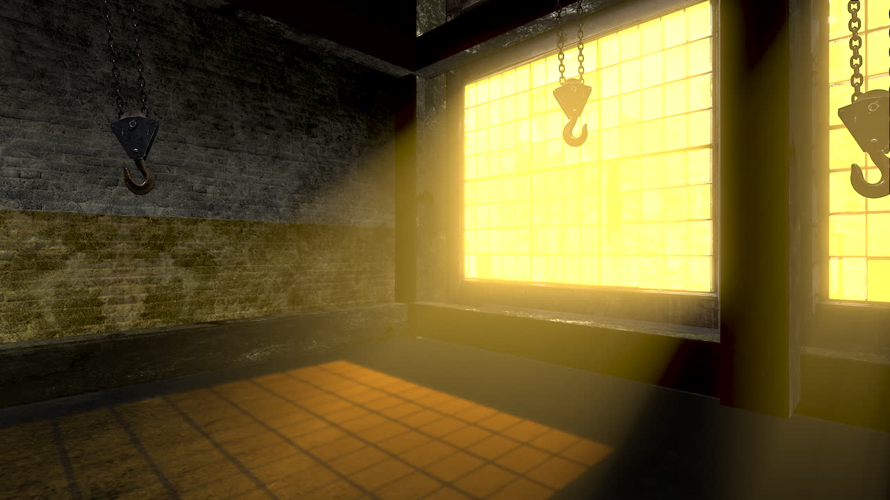 panorama de la sala de almacenamiento vacía con grandes ventanas y ganchos de hierro para la carga