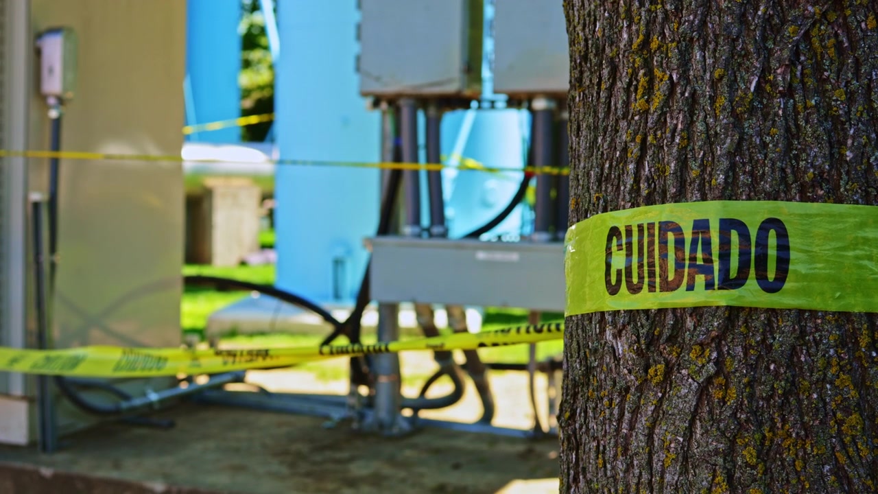 Fita de segurança cerca equipamento elétrico perto de uma árvore em um parque durante o dia.