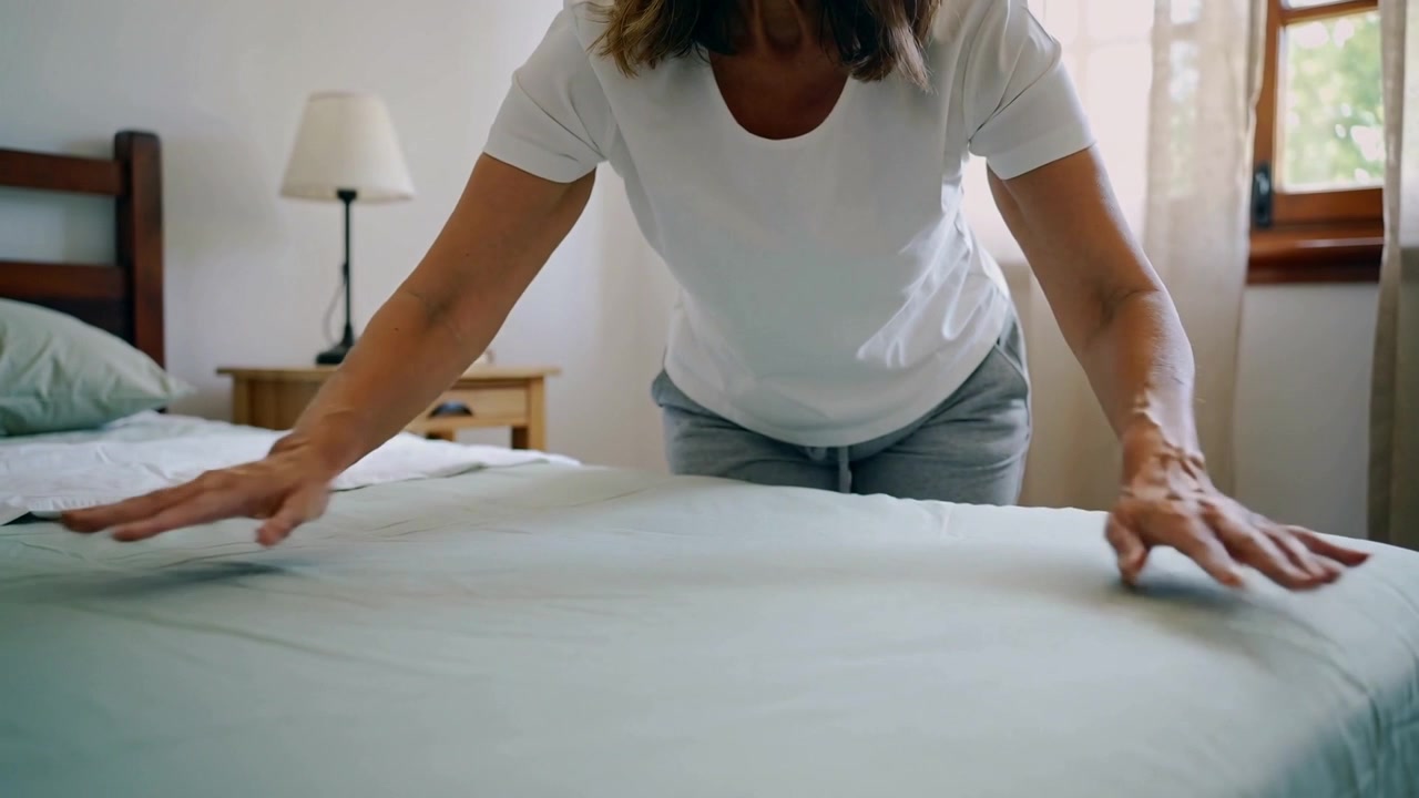 Mujer mayor alisando, vistiendo una camiseta blanca, inclinada sobre la cama, estirando la sábana hacia los bordes para la mañana.