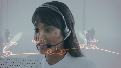 Animation-of-networks-of-connections-with-icons-over-businesswoman-using-phone-headsets