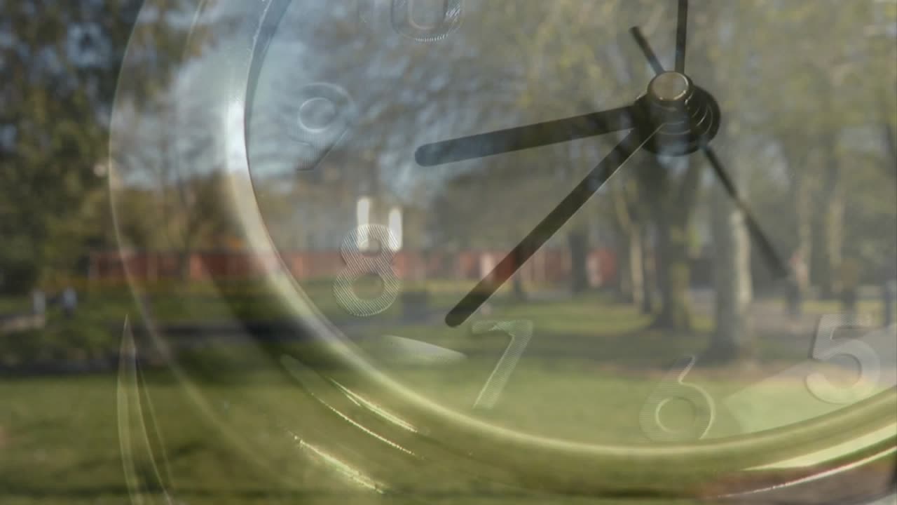 Park scene appearing, analog clock overlay fading and hands rotating forward showing time passing