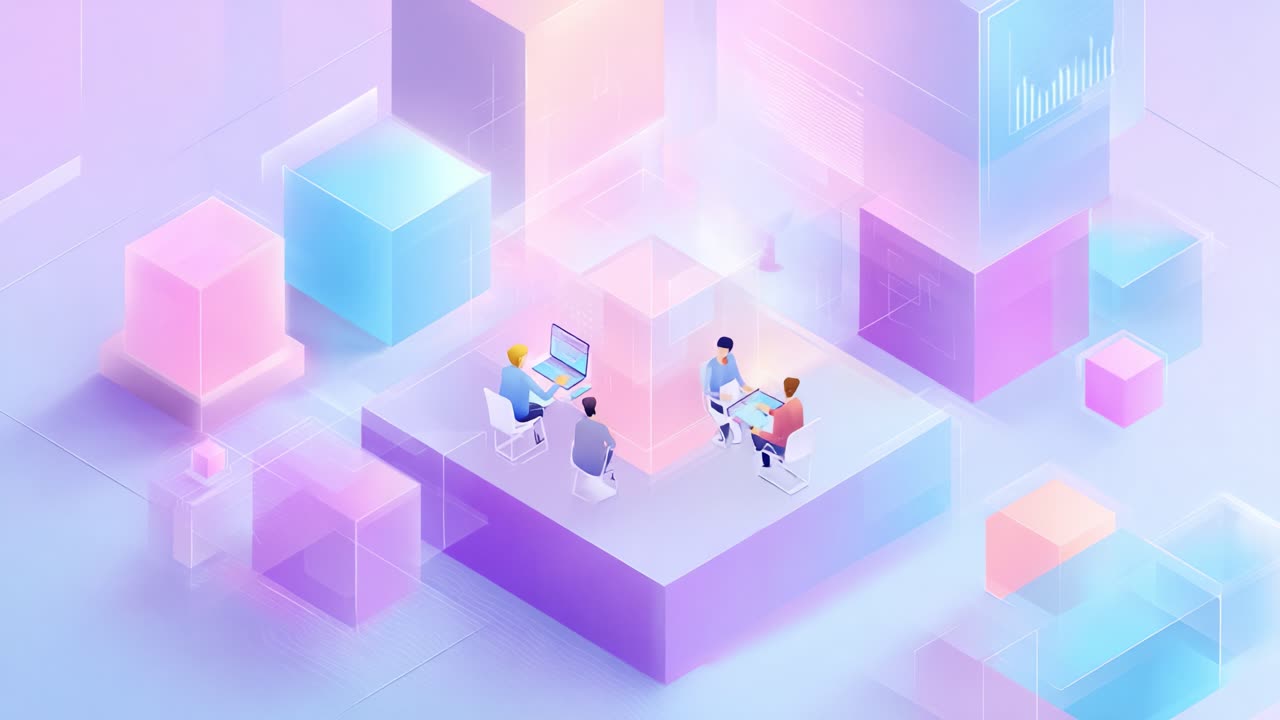 Area di lavoro digitale collaborativa con forme geometriche colorate e persone impegnate nell'interazione, che rappresenta la tecnologia moderna, il lavoro di squadra e le idee innovative in un ambiente virtuale
