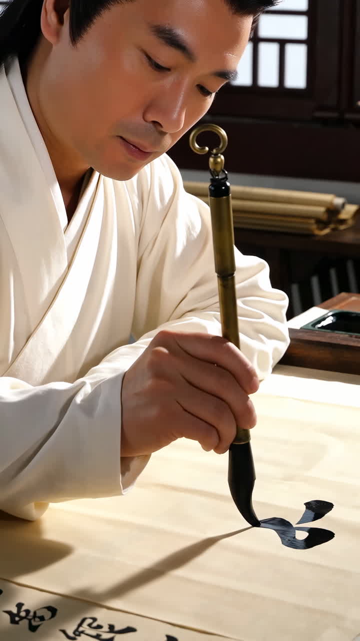 Man practicing traditional calligraphy with a brush and ink