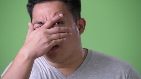 초록색 배경에 젊은 잘생긴 과체중 아시아인