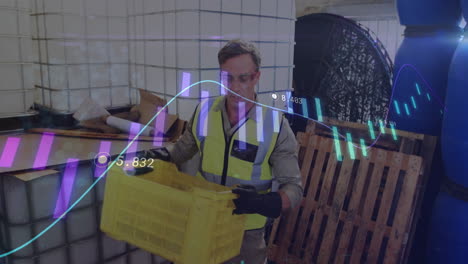 worker handling crate of olives with data processing animation overlay