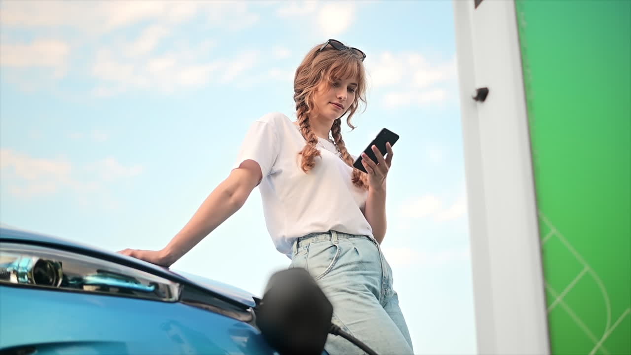 Una giovane donna bionda usa lo smartphone a una stazione di ricarica per auto elettriche. Spazio negativo per il testo. Rallentatore