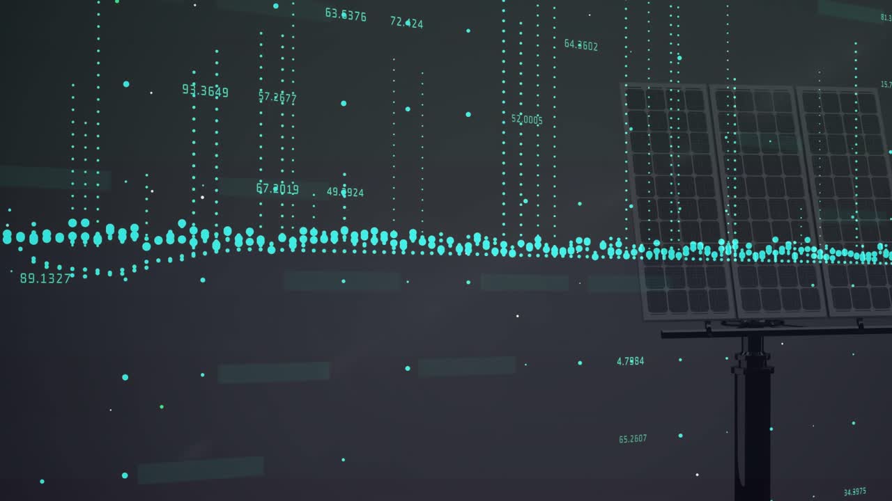 Opening dark interface with turquoise stream rising, dipping, clustering with solar panel anchoring