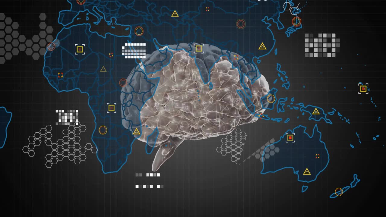Floating 3D brain splitting, tracing world map, popping icons, pulsing links, densifying network