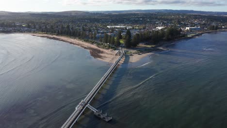 Victor-Harbor-historic-causeway-and-town-centre-aerial-shot,-South-Australia