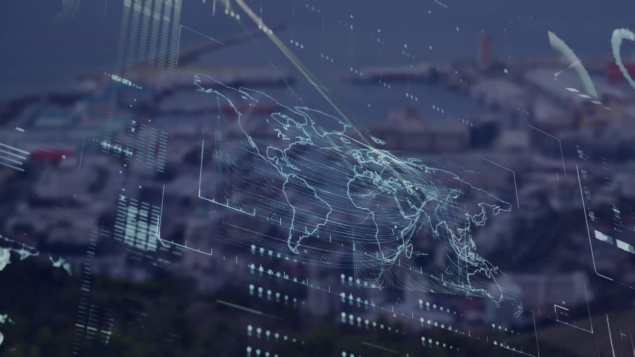 Animation of globe, loading bars and map against aerial view of port in background