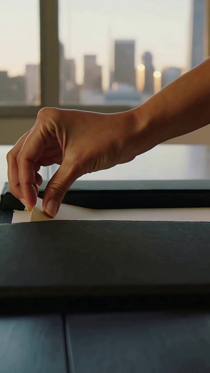 Vertical video: Coming right hand peeling folio, sliding paper adjusting plane at table to fly