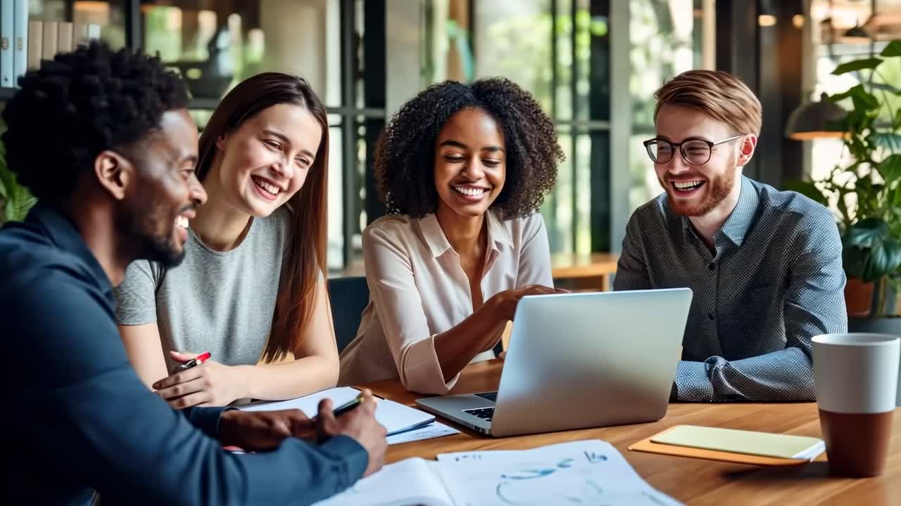 A lively group collaborates around a laptop, captured from a side angle