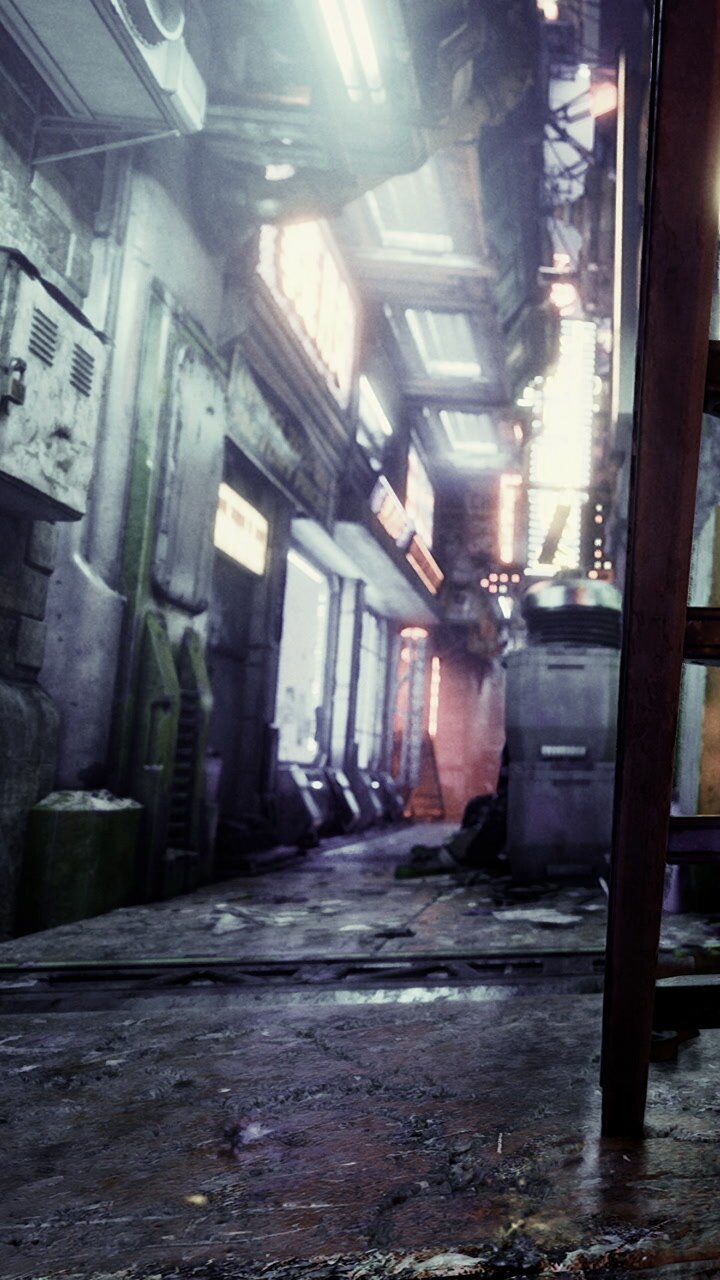 Urban alley at night with dim lighting and wet surfaces in a busy city