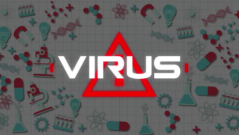 virus text and warning symbol against science concept icons on square lined paper