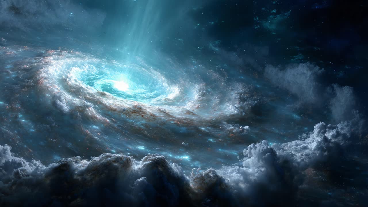 A Stunning Cosmic Phenomenon: A Brilliant Whirlpool Galaxy Surrounded by Ethereal Clouds of Cosmic Dust and Glimmering Stars in an Expansive Universe