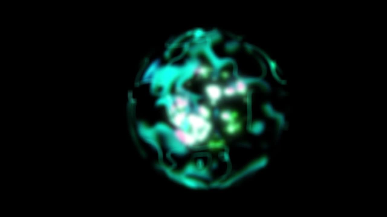 두 개의 반이는 구의 애니메이션: 표면에 끊임없이 변하는 전류가 있습니다. 배경은 검은색입니다. 공의 색은 초록색입니다. 초점은 앞에서 뒤로 이동합니다.