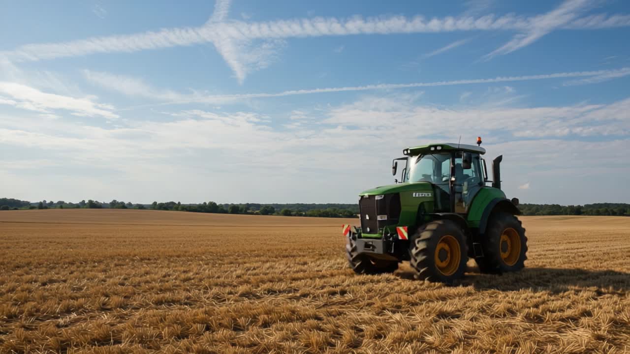 A Green Tractor Working the Golden Fields: Capturing the Essence of Modern Agriculture and Harvesting in a Scenic Landscape Under Clear Blue Skies