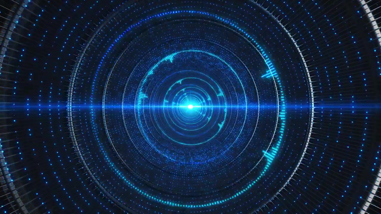 Interfaccia visiva futuristica ad anello radar con linee circolari ciano, bagliore centrale luminoso e griglia di dati puntinata.