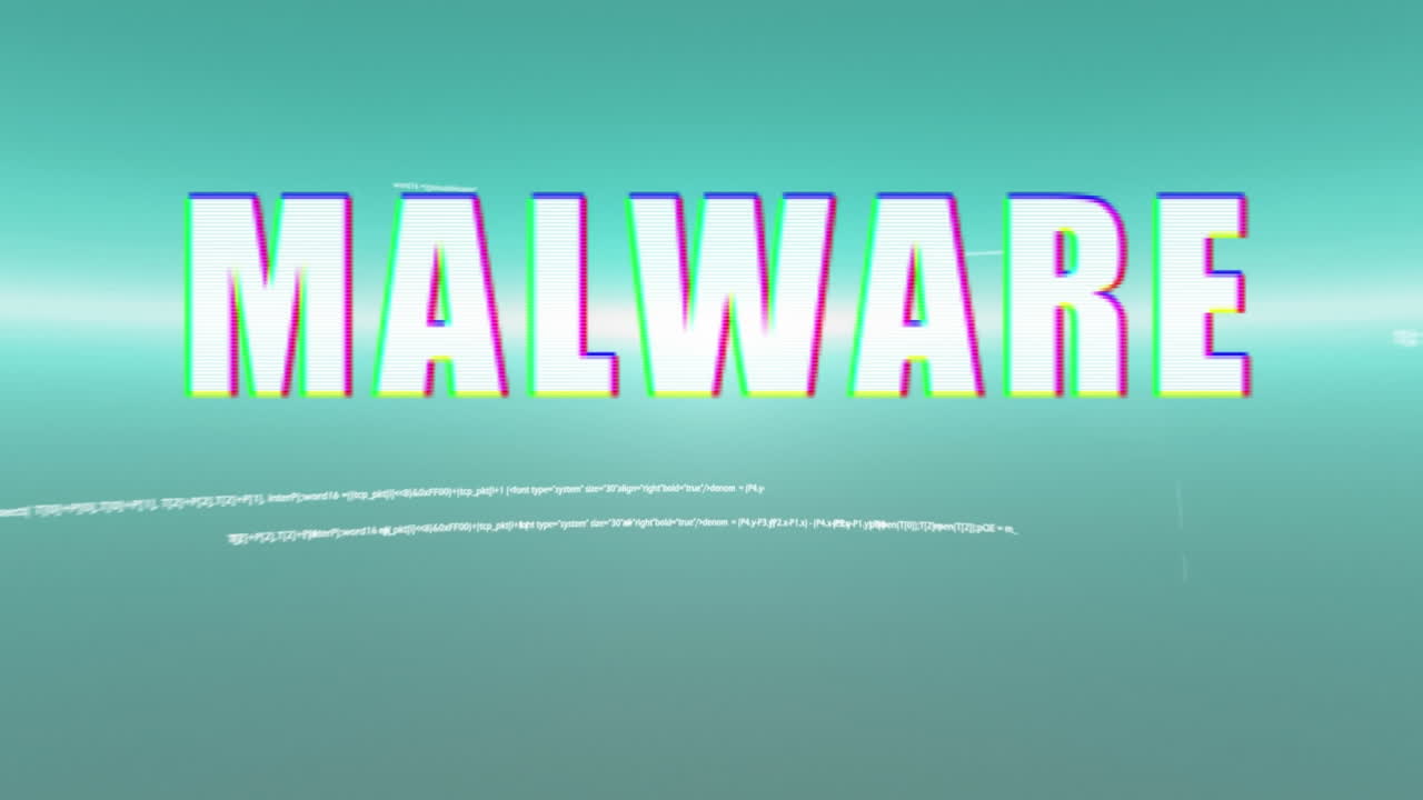 animación de texto blanco, malware, con placa de circuito y procesamiento de datos sobre interfaces, en azul