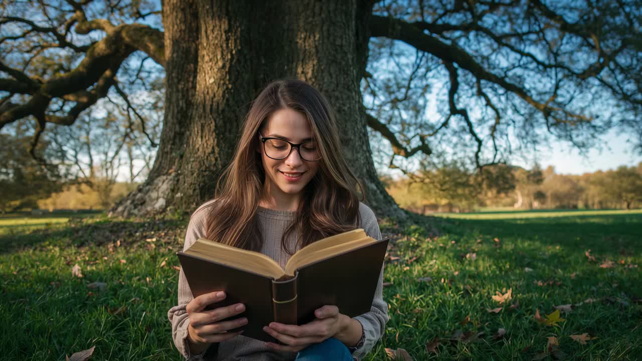 Reading woman wearing glasses, sweater and jeans holding open book, turning pages by tree in park