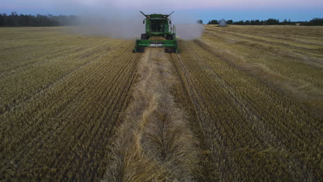Combine-with-pick-up-header-collects-windrows-in-wheat-field,-aerial-tilt-up