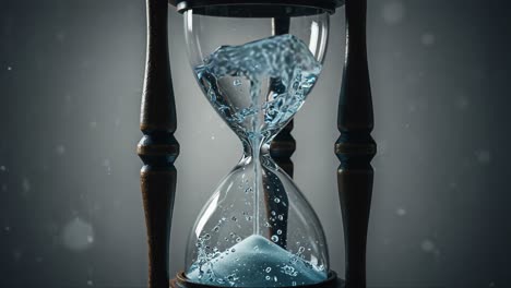 a captivating moment of time: the dance of water inside an hourglass, capturing the essence of time passing with every drop as it falls to its final resting place