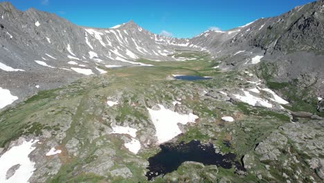 Vista-Aérea-Pequeños-Lagos-En-El-Valle-Bajo-Las-Colinas-De-La-Cordillera-Tenmile,-Colorado,-Ee.uu.