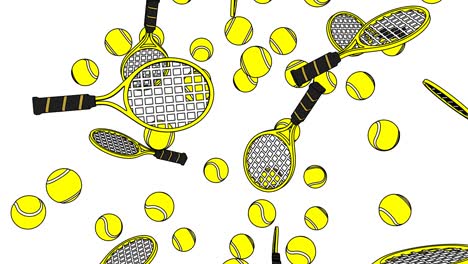 toon style yellow tennis balls and tennis rackets on white background.